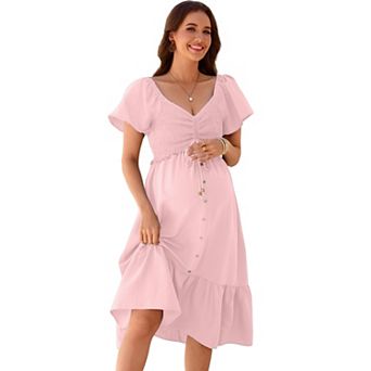 Women's Maternity Midi Dress V Neck Ruffle Sleeve Dress Beach Vacation Pregnancy Dress