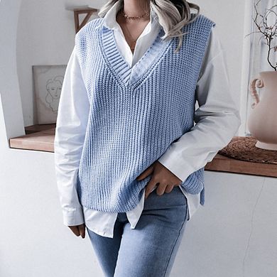 Womens V Neck Sweater Vest Sleeveless Oversized Casual Loose Fit Basic Pullover Tank Top