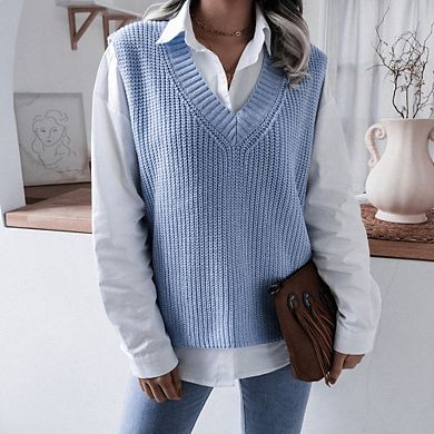 Womens V Neck Sweater Vest Sleeveless Oversized Casual Loose Fit Basic Pullover Tank Top