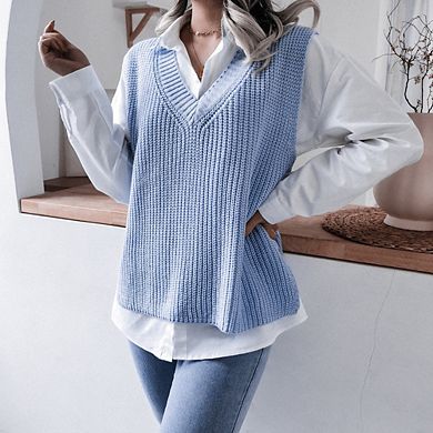 Womens V Neck Sweater Vest Sleeveless Oversized Casual Loose Fit Basic Pullover Tank Top