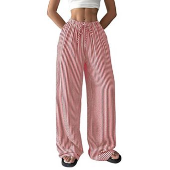 Women's Loose Fit High Waist Draped Straight Pants Vertical Striped Casual Wide-Leg Trousers