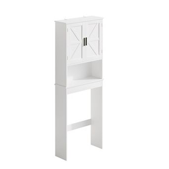 Farmhouse White Over-the-Toilet Bathroom Organizer with X-Pattern Doors and Open Shelf