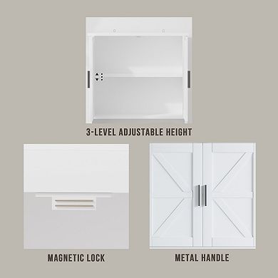 Farmhouse White Over-the-Toilet Bathroom Organizer with X-Pattern Doors and Open Shelf