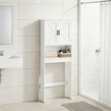 Farmhouse White Over-the-Toilet Bathroom Organizer with X-Pattern Doors and Open Shelf