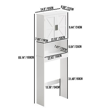Farmhouse White Over-the-Toilet Bathroom Organizer with X-Pattern Doors and Open Shelf