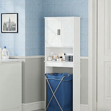 Farmhouse White Over-the-Toilet Bathroom Organizer with X-Pattern Doors and Open Shelf