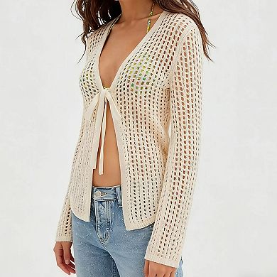 Women Crochet Cardigan Tied Front Lightweight Sweater