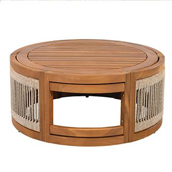 27.95-Inch Round Natural Acacia Wood Outdoor Patio Coffee Table with Woven Rope Details