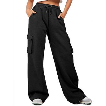 Women's Cargo Sweatpants Wide Leg High Waisted Drawstring Pants with Pockets