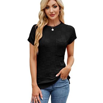 Women's Short Sleeve Pullover Checkered Knit Cap Sleeve Top with Chest Pocket