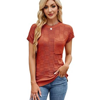 Women's Short Sleeve Pullover Checkered Knit Cap Sleeve Top with Chest Pocket