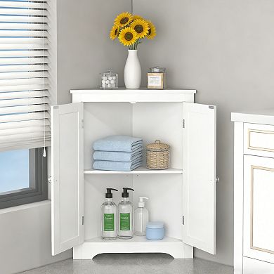 Classic White Two-Door Corner Storage Cabinet with Adjustable Shelving for Home Organization