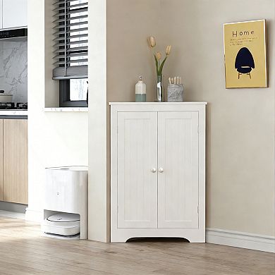Classic White Two-Door Corner Storage Cabinet with Adjustable Shelving for Home Organization