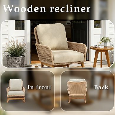 Modern Woven PE Rattan Patio Rocking Chair with Solid Wood Frame and Washable Cushions