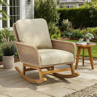 Modern Woven PE Rattan Patio Rocking Chair with Solid Wood Frame and Washable Cushions