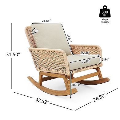 Modern Woven PE Rattan Patio Rocking Chair with Solid Wood Frame and Washable Cushions