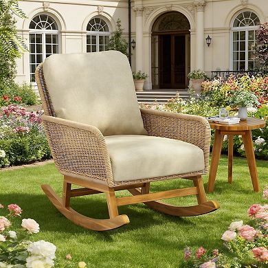 Modern Woven PE Rattan Patio Rocking Chair with Solid Wood Frame and Washable Cushions