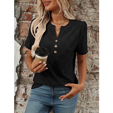 Women's V Neck Short Sleeve Tops Floral Jacquard Button Solid Color T-Shirt