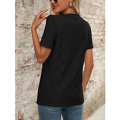 Women's V Neck Short Sleeve Tops Floral Jacquard Button Solid Color T-Shirt