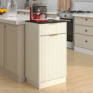 BAOURE Antique White Ripple Texture 10-Gallon Tilt-Out Trash Can Cabinet with Top Drawer