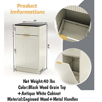 BAOURE Antique White Ripple Texture 10-Gallon Tilt-Out Trash Can Cabinet with Top Drawer