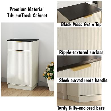 BAOURE Antique White Ripple Texture 10-Gallon Tilt-Out Trash Can Cabinet with Top Drawer