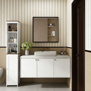 White Wood 67-Inch Tall Bathroom Storage Cabinet with Reversible Door and Adjustable Shelves