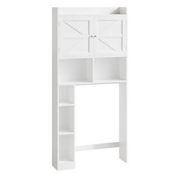 White MDF Freestanding Over-The-Toilet Storage Cabinet with Doors and Side Shelves