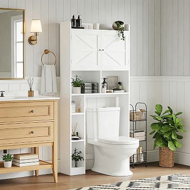 White MDF Freestanding Over-The-Toilet Storage Cabinet with Doors and Side Shelves
