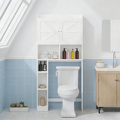 White MDF Freestanding Over-The-Toilet Storage Cabinet with Doors and Side Shelves