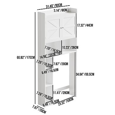 White MDF Freestanding Over-The-Toilet Storage Cabinet with Doors and Side Shelves