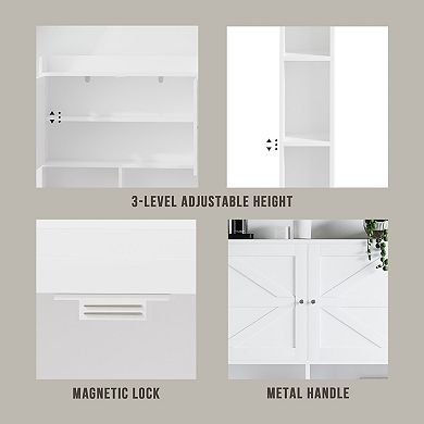 White MDF Freestanding Over-The-Toilet Storage Cabinet with Doors and Side Shelves
