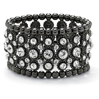 Round Black Pearl Clear Crystal Black Rhodium-Plated Stretch Bracelet 7"