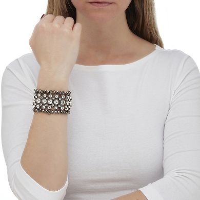 Round Black Pearl Clear Crystal Black Rhodium-Plated Stretch Bracelet 7"