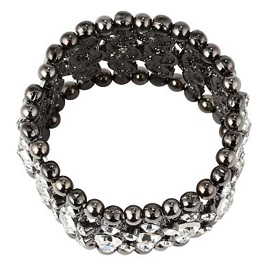 Round Black Pearl Clear Crystal Black Rhodium-Plated Stretch Bracelet 7"