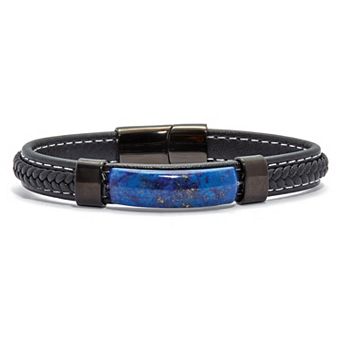 Men's Genuine Blue Lapis Black Ruthenium-Plated Braided Leather Bracelet 9-inch