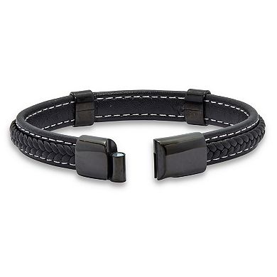 Men's Genuine Blue Lapis Black Ruthenium-Plated Braided Leather Bracelet 9-inch