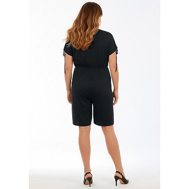 Roaman's Women's Plus Size Stretch Knit Faux-Wrap Sleeve Romper