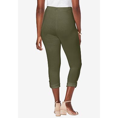 Jessica London Women's Plus Size Stretch Cotton Cuff-Button Capri Legging