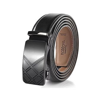 Roxoni Men's Genuine Leather Ratchet Belt No-Hole Buckle in Gift Box