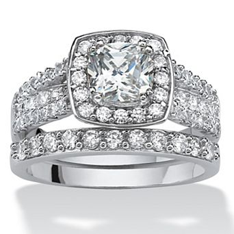 2.62 TCW CZ 2 pc Halo Bridal Ring Set in Platinum-plated Sterling Silver