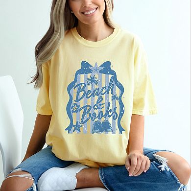 Beach & Books Blue - Women's Garment Dyed Graphic T-Shirt
