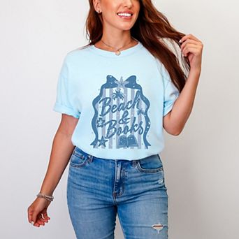 Beach & Books Blue - Women's Garment Dyed Graphic T-Shirt