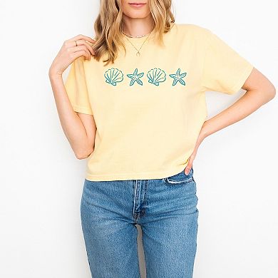 Embroidered Starfish and Shells - Women's Boxy Crop Top Graphic T-Shirt