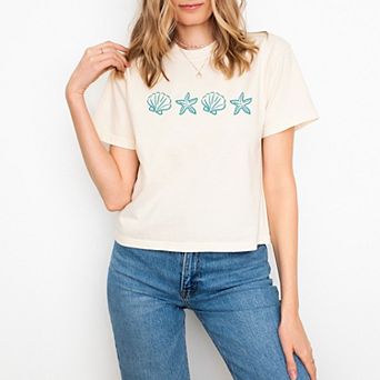Embroidered Starfish and Shells - Women's Boxy Crop Top Graphic T-Shirt