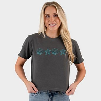 Embroidered Starfish and Shells - Women's Boxy Crop Top Graphic T-Shirt
