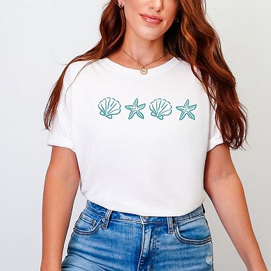 Embroidered Starfish and Shells - Women's Garment Dyed Graphic T-Shirt