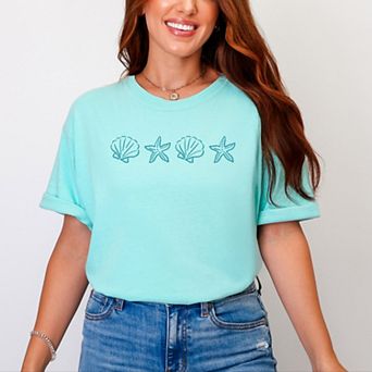 Embroidered Starfish and Shells - Women's Garment Dyed Graphic T-Shirt