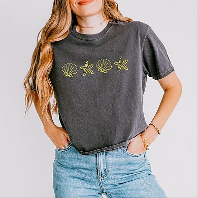 Embroidered Starfish and Shells - Women's Boxy Crop Top Graphic T-Shirt