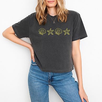 Embroidered Starfish and Shells - Women's Boxy Crop Top Graphic T-Shirt